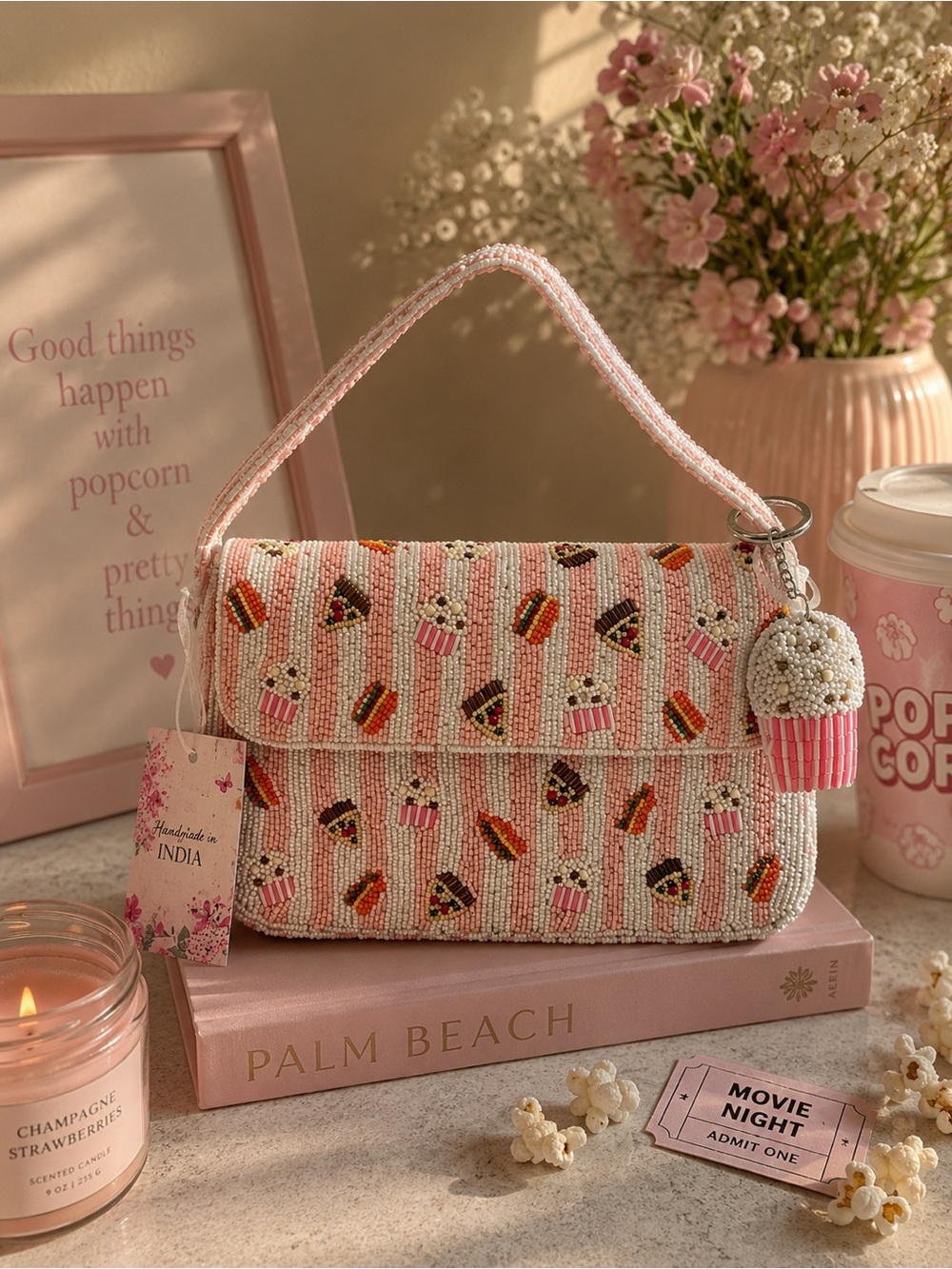 VIRAL Handmade Beaded Movie Night Popcorn Pizza Hamburger Shoulder Bag
